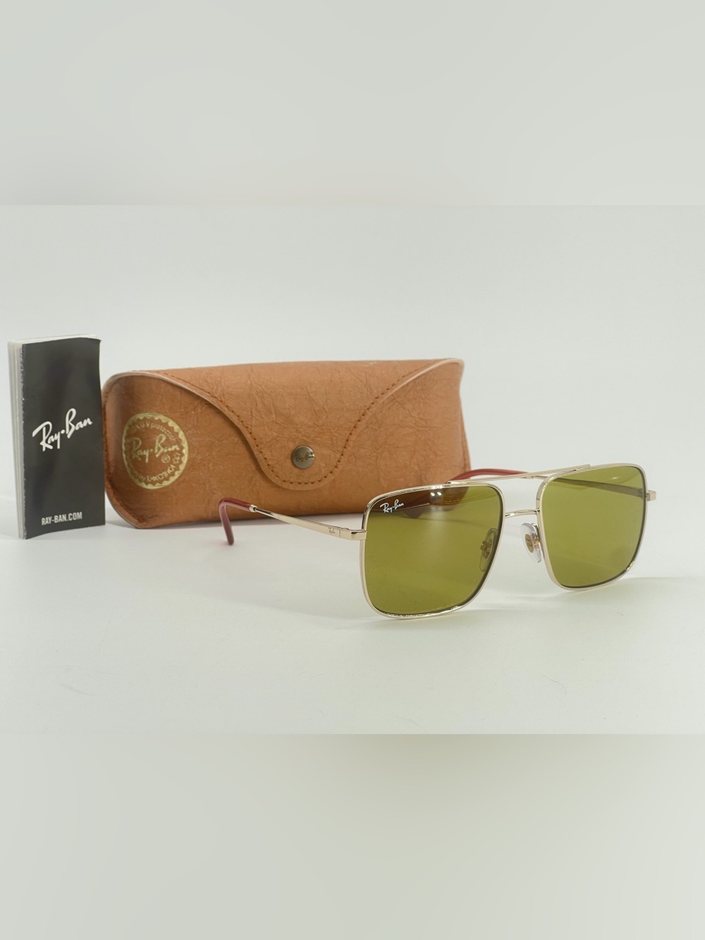 Ray-Ban RB3758 9213/2 Rectangle Pale Gold Green Unisex Sunglasses 54mm